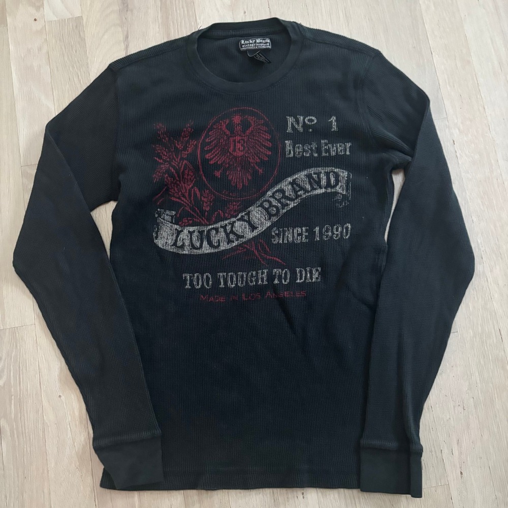 Lucky Brand Thermal Shirt Mens Medium Black Used Too Tough To Die Graphic